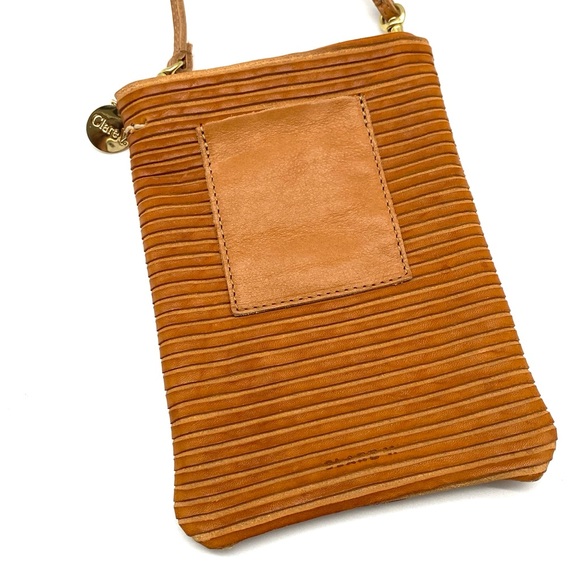 CLARE V. POCHE TAN SUEDE RIBBED LEATHER CELL PHONE CROSSBODY POUCH GOLD BAG SM - Picture 3 of 4
